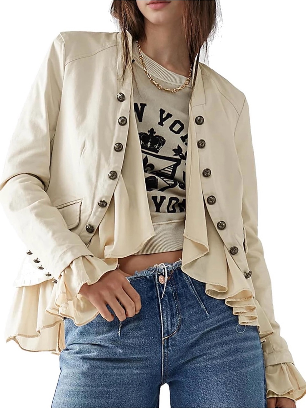 Women's Beige Ruffle-Front Military-Style Jacket - Picture 2 of 6